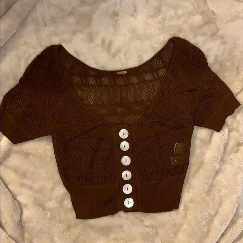 Free People-Knit Crop Top with Pearl Stone Buttons
